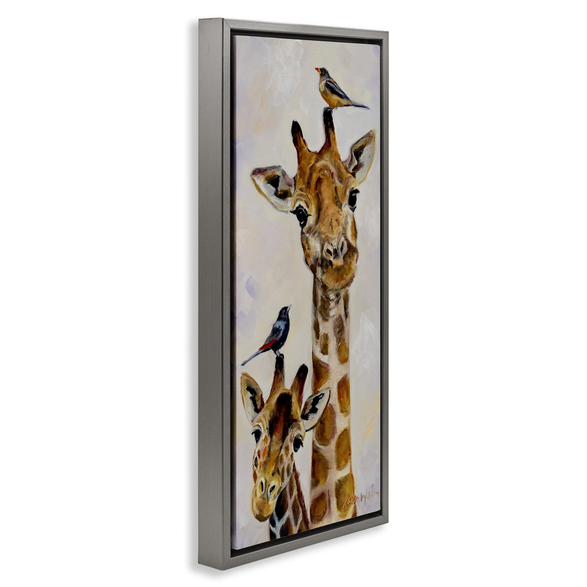Stupell Industries Giraffe & Perched Birds Animals & Insects Painting Gray Floater Framed Canvas Art Print Wall Art, 11 x 25