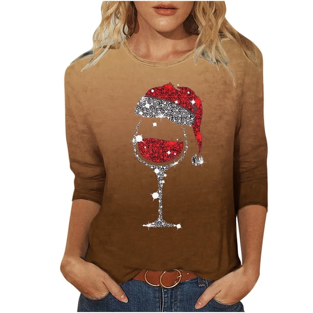 Camisetas de Manga Larga de las Mujeres Imprimir Navidad Cuello Redondo 3/4 Manga Suéter, Top Casual para las Vacaciones