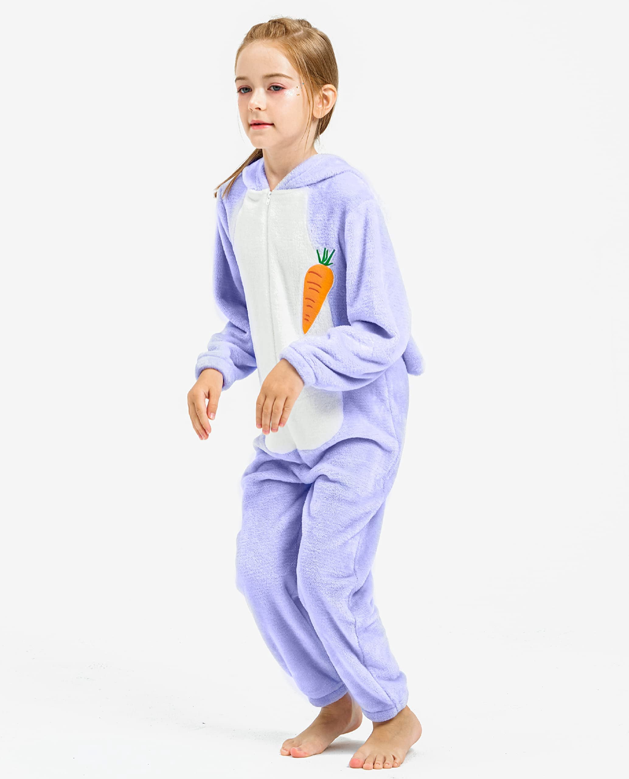 Easter Bunny Costume Purple Onesie Jumpsuit for Children Girls, Hooded Animal Romper Flannel Pajamas 3-12Years