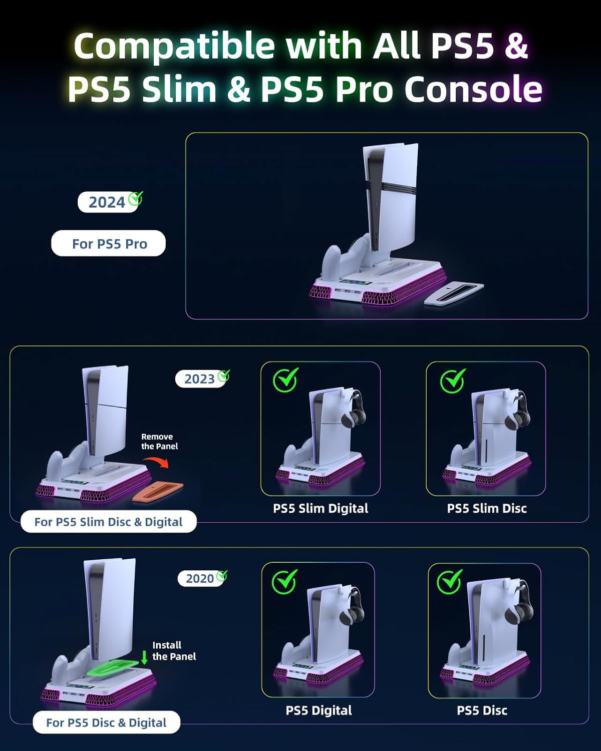 GAEKOL PS5/PS5 Pro/PS5 Slim Stand and Cooling Station, Controller Charging Station for PlayStation 5 Console, PS5 Stand Controller Charger for Disc & Digital with Cooling Fan