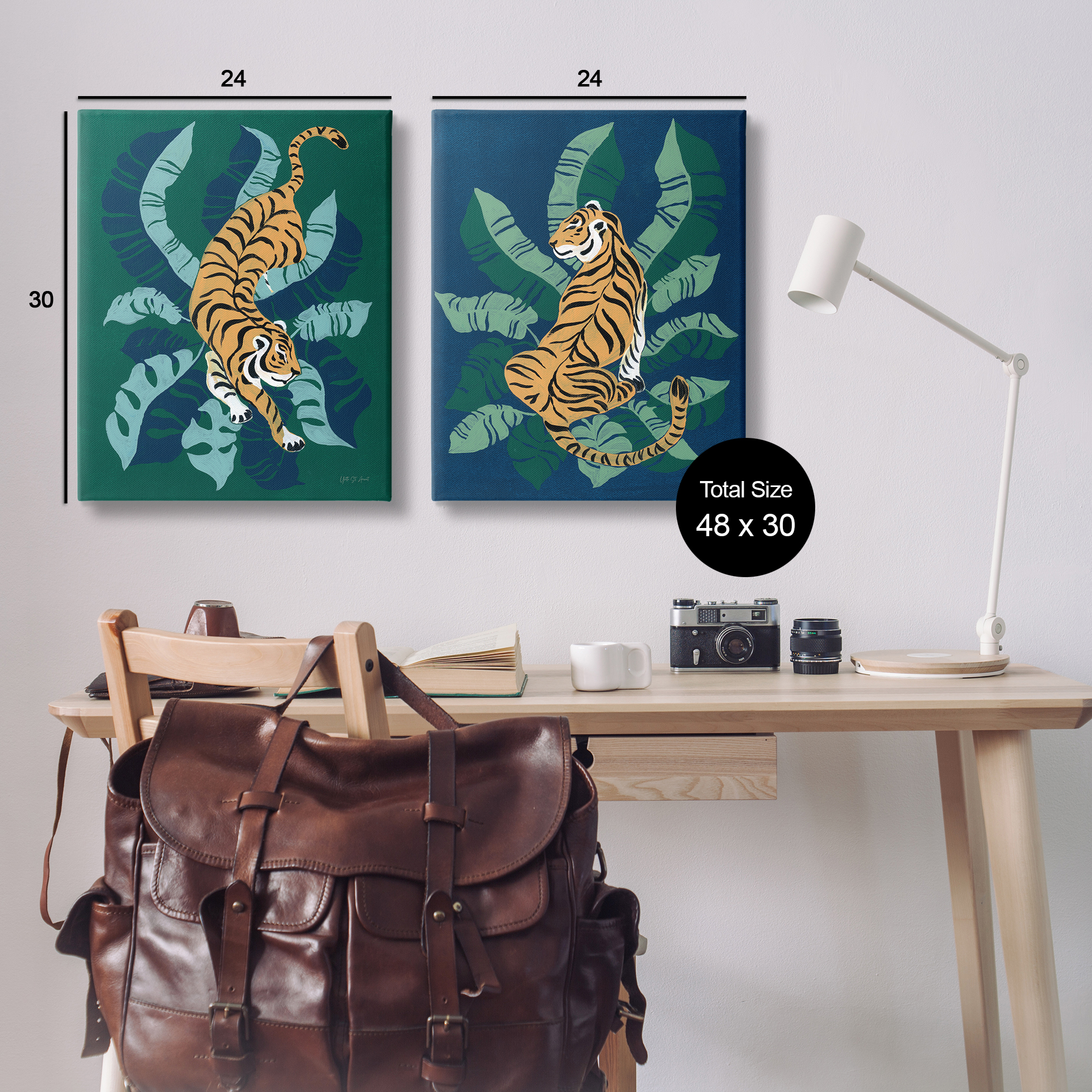 Stupell Industries Prowling Tiger Sitting Tiger Jungle Animals Painting Wrapped Canvas Art Print Wall Art, 24 x 30, Set of 2