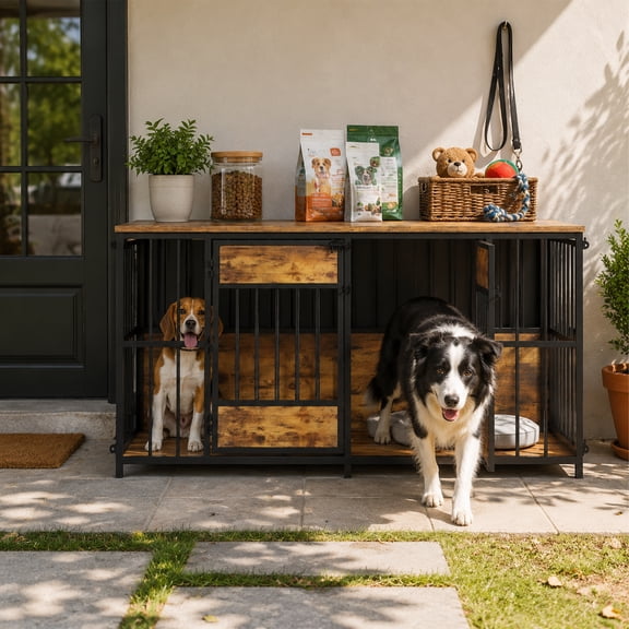 Wooden Furniture Style Dog Crate, Large Indoor Dog Kennel with Storage Tabletop, Decorative Pet Cage for Living Room Bedroom