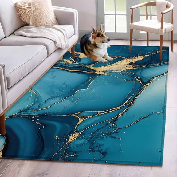 3'x5' Area Rugs, Teal Marble Indoor Outdoor Area Rug for Living Room Bedroom, Modern Abstract Yellow Ink Painting Washable Bathroom Rugs Kitchen Floor Carpet Mats Home Decor Aesthetic
