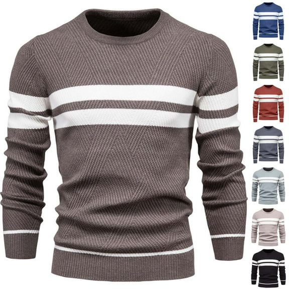 UVEASISHA Mens Crewneck Sweaters Lightweight Striped Knitted Pullover Sweater Ribbed Knit Long Sleeve Tops Dressy Casual Jumper Top Clearance Sale Beige L