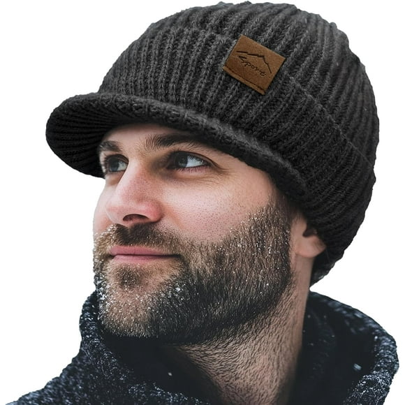 shiyou-Visor Beanie Hat for Men Winter Toque Stylish Beanies with Brim Goggles Warm Fleece Ski Skullcap Knit Watch Caps