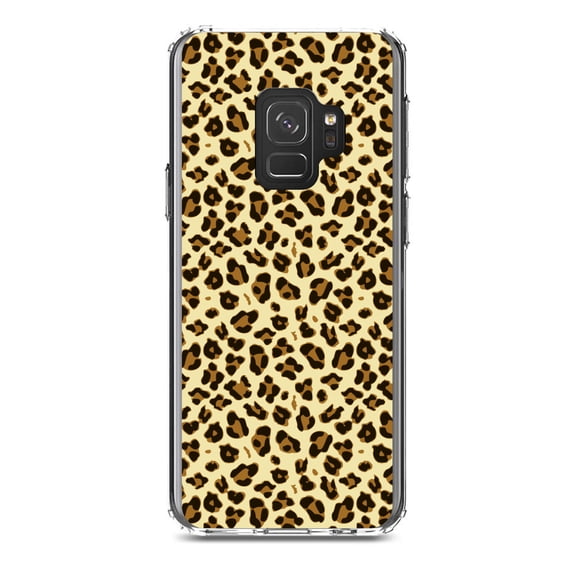DistinctInk Clear Shockproof Hybrid Case for Samsung Galaxy S9 (5.8" Screen) - TPU Bumper, Acrylic Back, Tempered Glass Screen Protector - Black Beige Tan Leopard Skin Spots