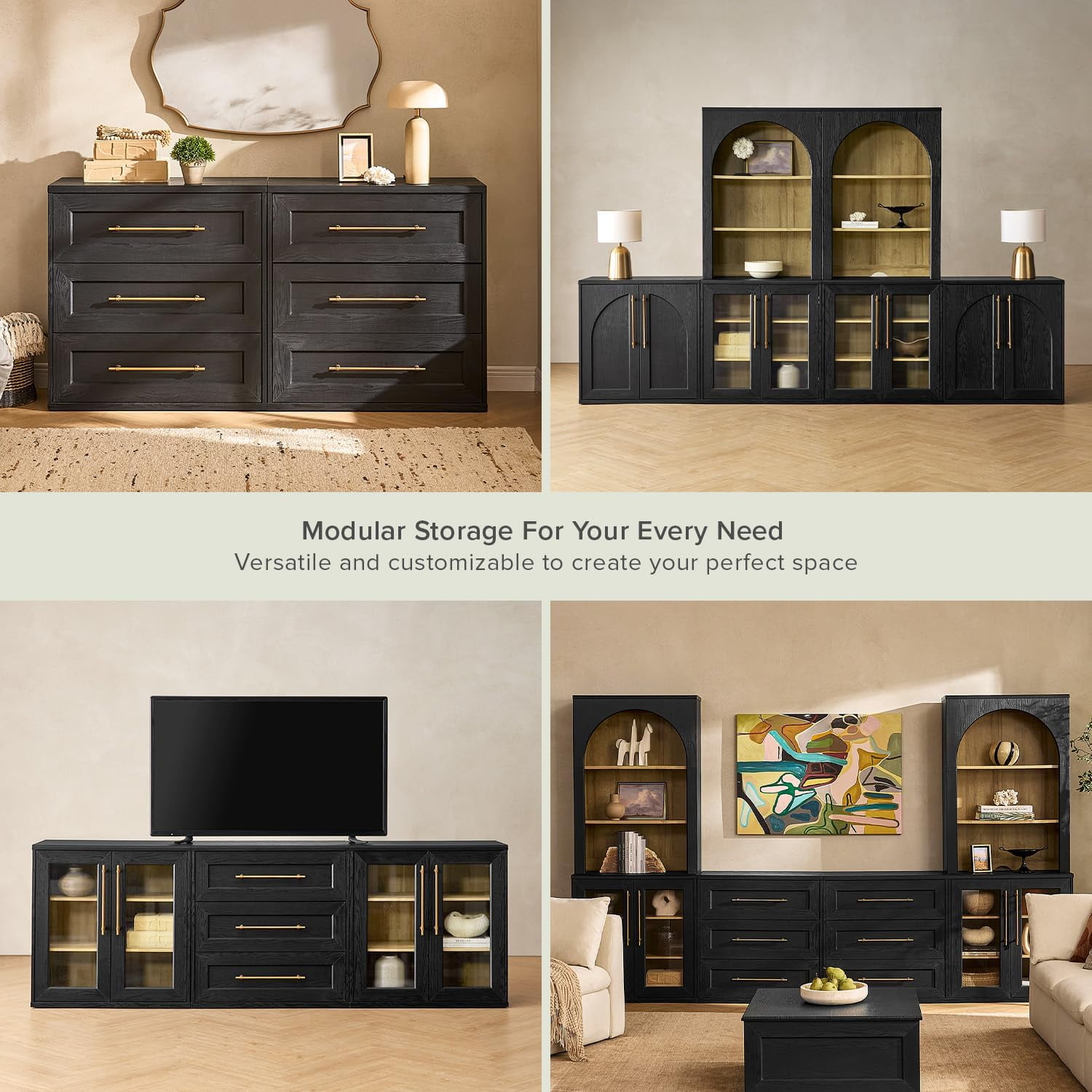 Mopio Blake 4 Piece Entertainment Center with Storage, Modern Farmhouse Wall Unit TV Stand with Bookshelves for up to 65" TVs, Trophy Display Case, Media Console Cabinet, Living Room (Black)