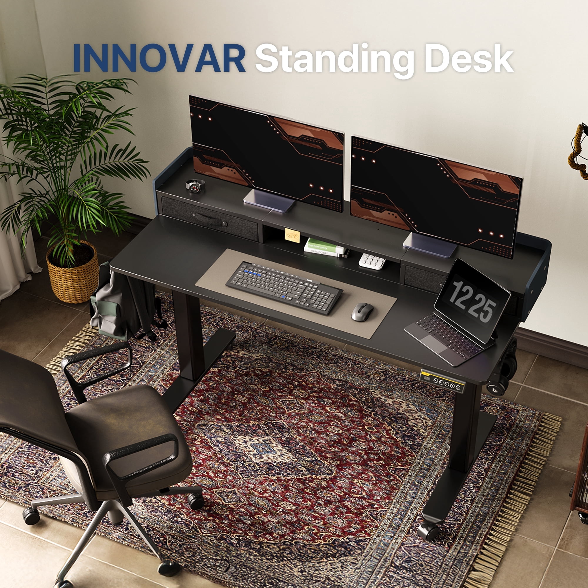 INNOVAR 55" Adjustable Standing Desk with 2 Storage Drawers, Height Adjust Mobile Stand up and Down Desk,Electric Sit-Stand Large Work Desk with 4 Wheels Rising Computer Table for Office Home,Black