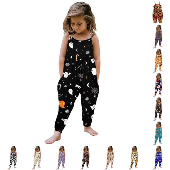 AWZXDE Toddlers girl halloween Girls Jumpsuits Rompers For Girls Spaghetti Strap Jogger Harem Pants Pumpkin Bat Allover Print Side Pockets Halloween Holiday Outfits Green - 5-6Years