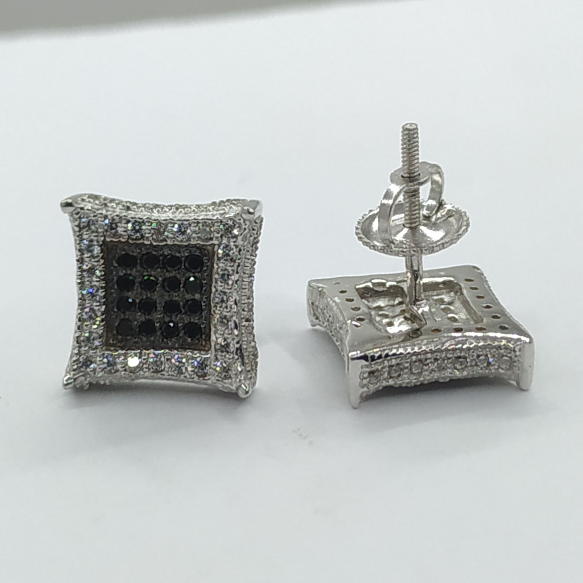 0.25 CT Men's 925 Silver Kite Shape Earrings with Clear, Black & White CZ Square Stud Design, 10mm, 14K White Gold Plated Silver - Unisex Earrings for Men and Women