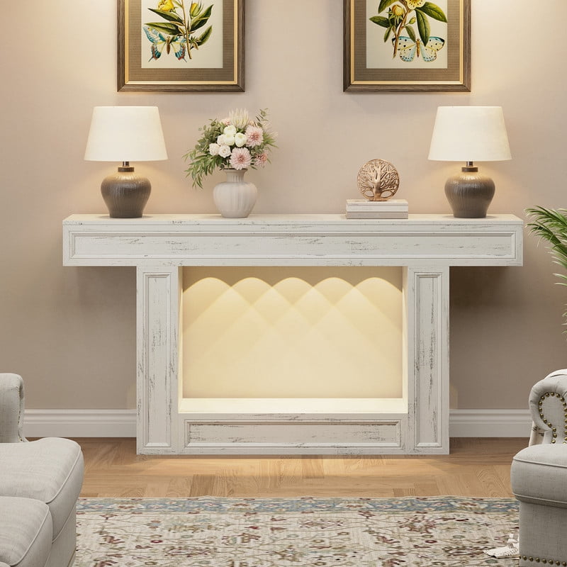 PLAMLE 63 Inch 2-Tier Console Table with Sensor Lights, U-Shaped Base Sofa Table for Entryway, Hallway, Living Room, Foyer, Narrow Small Spaces
