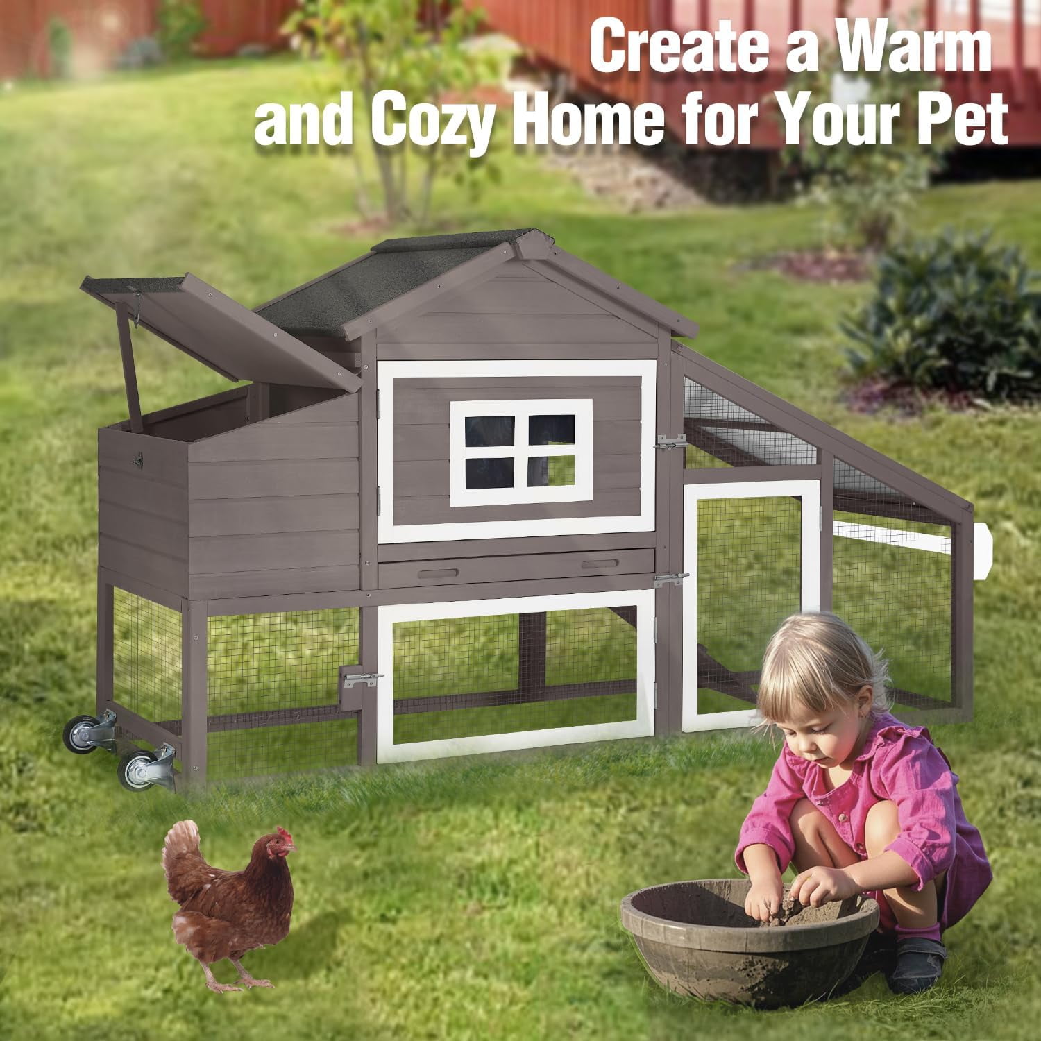 BUTINGLALE Chicken Coop on Wheels, Mobile Chicken House, Wooden Hen Houses, Outdoor Rabbit Hutch, for 2-4 Chickens 67" (Brown)