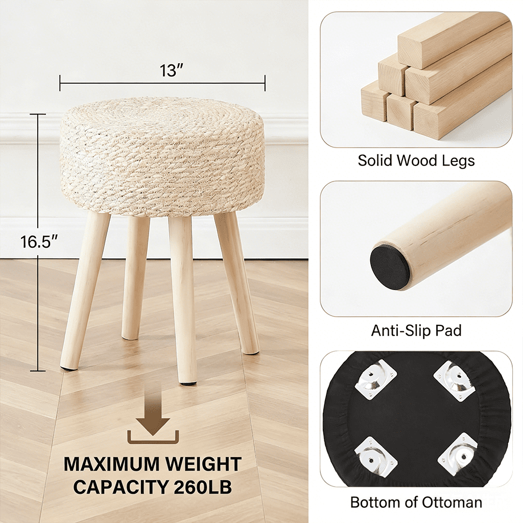 Casa Pura Furniture Round Ottoman Footstool Hand Woven Hyacinth Natural Seagrass Solid Wood Legs Off-White 13" L x 13" W x 16.3" H