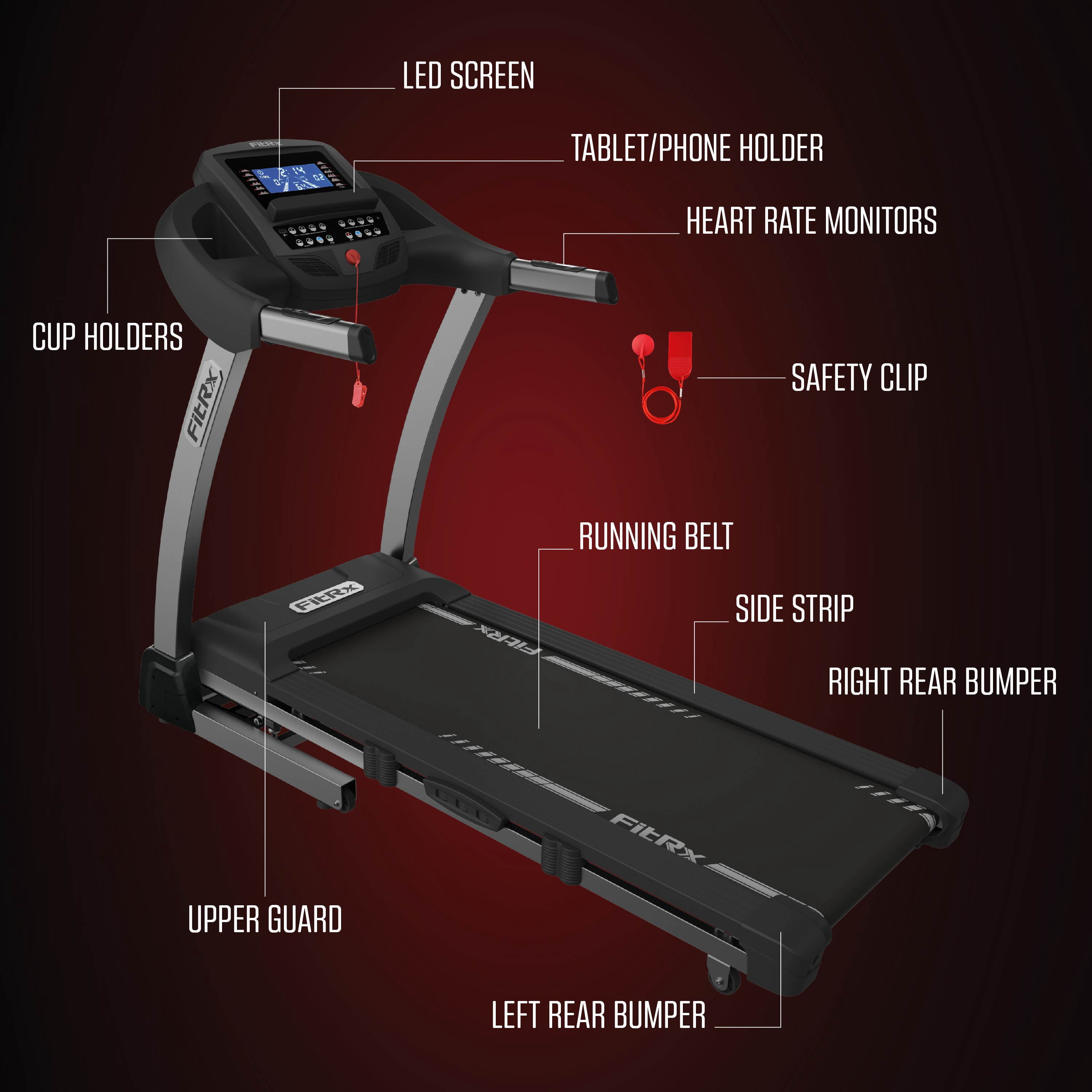 FitRx Crossrun Folding Treadmill, 300lbs Capacity Large Foldable Treadmill for Home Workout with Incline, App, Bluetooth Speakers, and 5” LED Screen