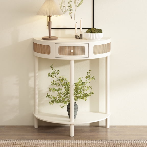 31'' Half Moon Console Table, Modern Entryway Table with Drawer, Sofa Table with Storage Shelf for Hallway Living Room