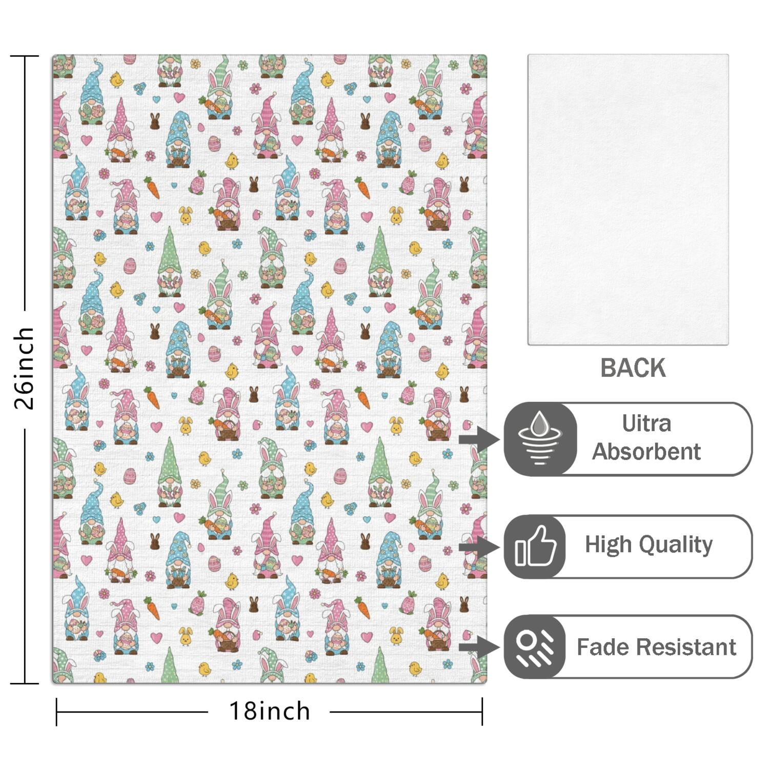 2 Pcs Funny Kitchen Towels, Easter and Gnomes White Pattern Microfiber Dish Towels 18"x26", Decorative Tea Towel Set