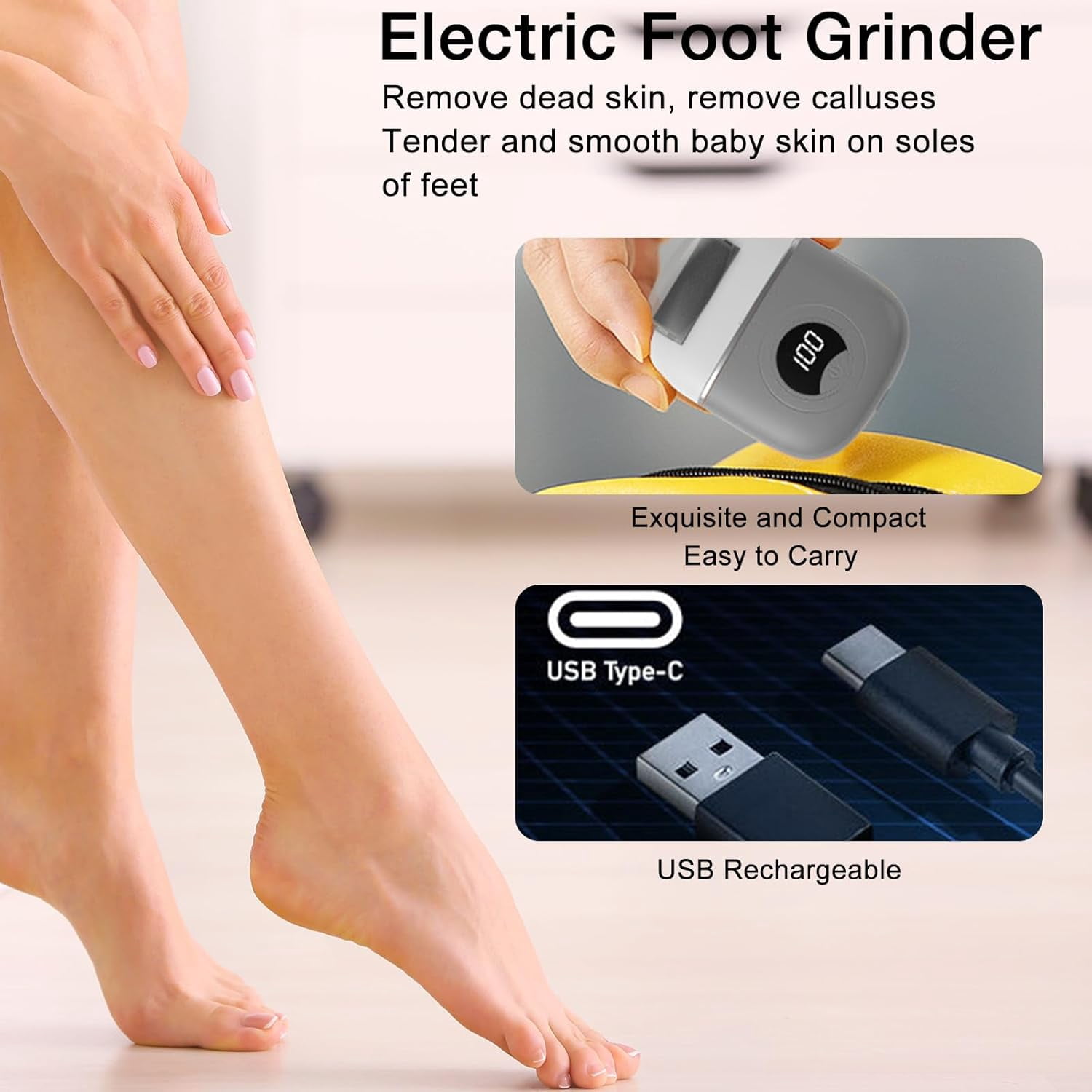 Upgrade Electric Foot File Callus Remover Digital Display 2 Speed With 3 Grinding Heads Foot Exfoliator Scrubber Grey