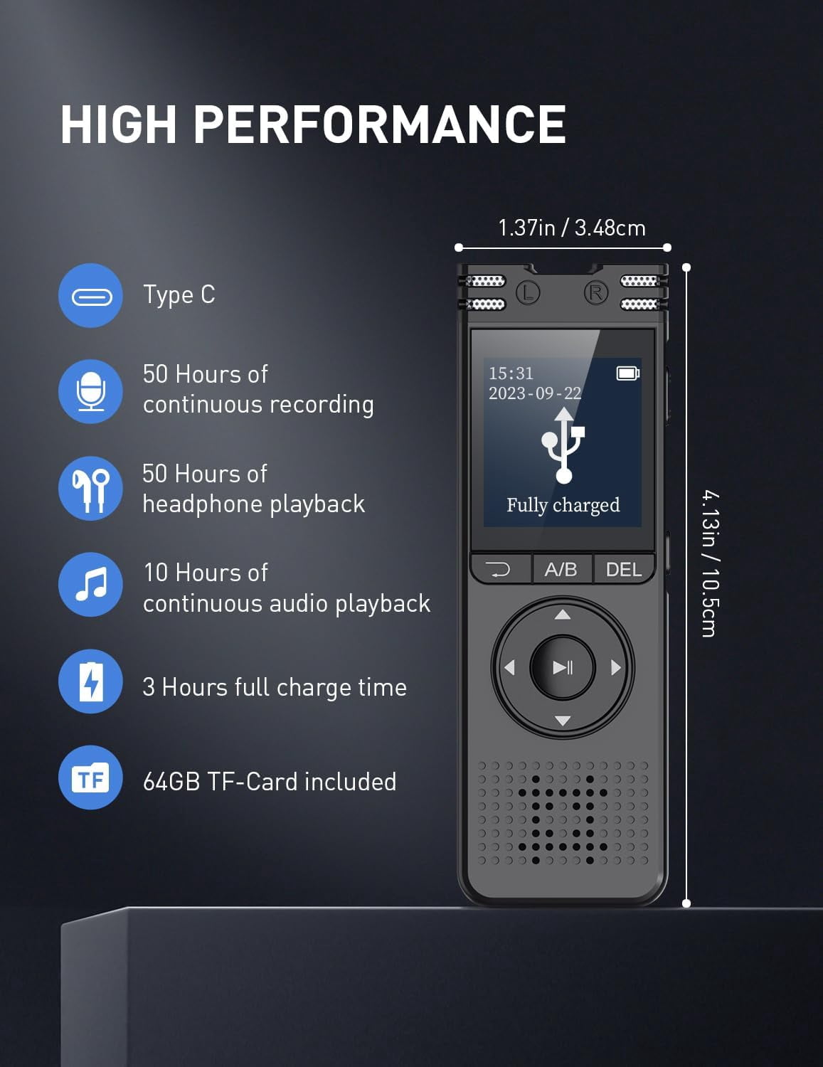 64GB Digital Voice Recorder with Playback Voice Activated Tape Recorder for Lectures Meetings, 1536Kbps Sound Audio Recorder Dictaphone Recording Device with Recording Monitoring, Line-in, Password