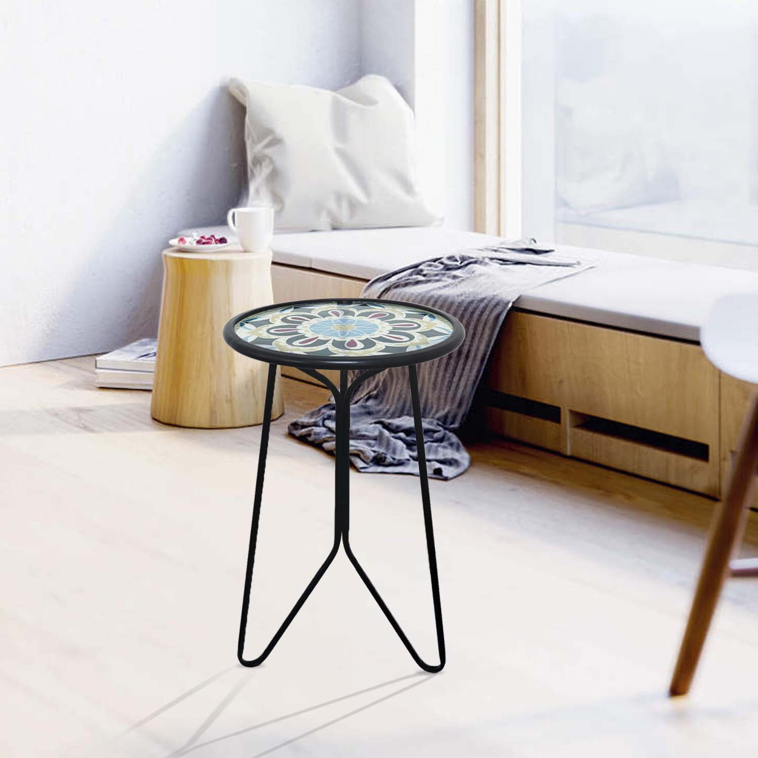 Liffy Outdoor Mosaic Table - Stylish Flower Art Design Metal & Glass End Table-Plant Stand for Patio, Balcony and Living Room - 12x12x22 inches