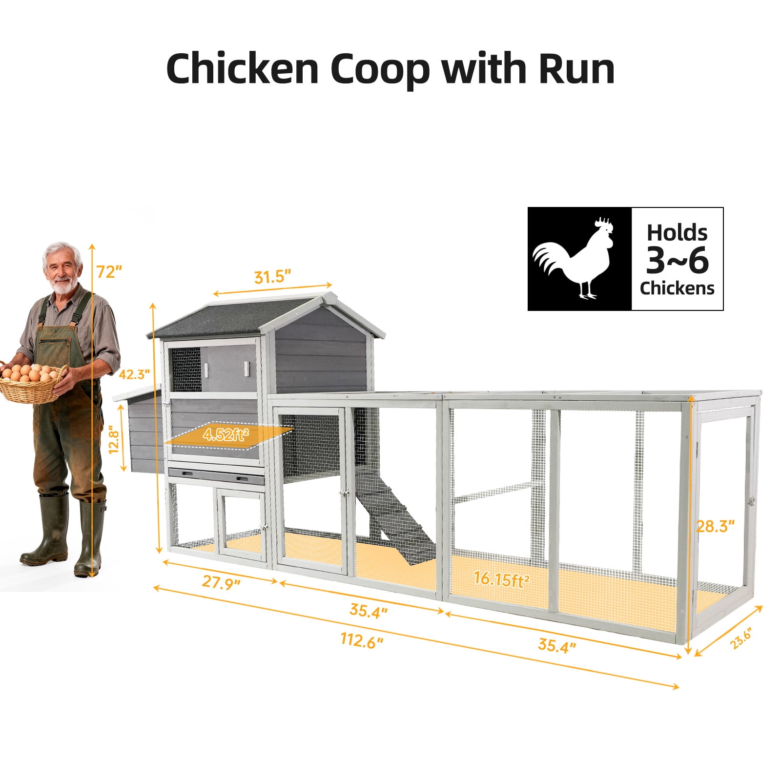 Wooden Chicken Coop, Large Outdoor Hen House with Run and Nesting Box Poultry Cage, Rabbit Hutch, Waterproof Anti-UV Panel for Backyard, Gray