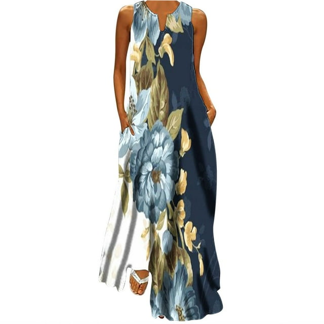 Robe Maxi pour Femmes Été Bohème Décontractée Sans Manches Longue Robe de Plage pour les Vacances