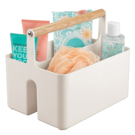 mDesign Plastic Portable Shower Caddy Divided Basket Bin Storage Organizer with Bamboo Handle for Bathroom  Dorm  Shelf & Cabinet Holds Shampoo  Conditioner - Aura Collection  Cream/Natural