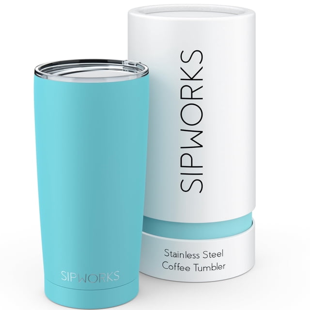 Sipworks Coffee Tumblers With Lids - 20Z Stainless Steel Coffee Tumbler With Double Walled Vacuum Insulation For Hot & Cold Drinks - Spill Resistant Travel Insulated Coffee Tumbler - Aquamarine