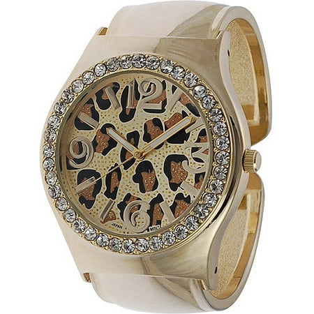 Geneva Platinum Women's Rhinestone Accented Leopard Print Cuff Watch ...