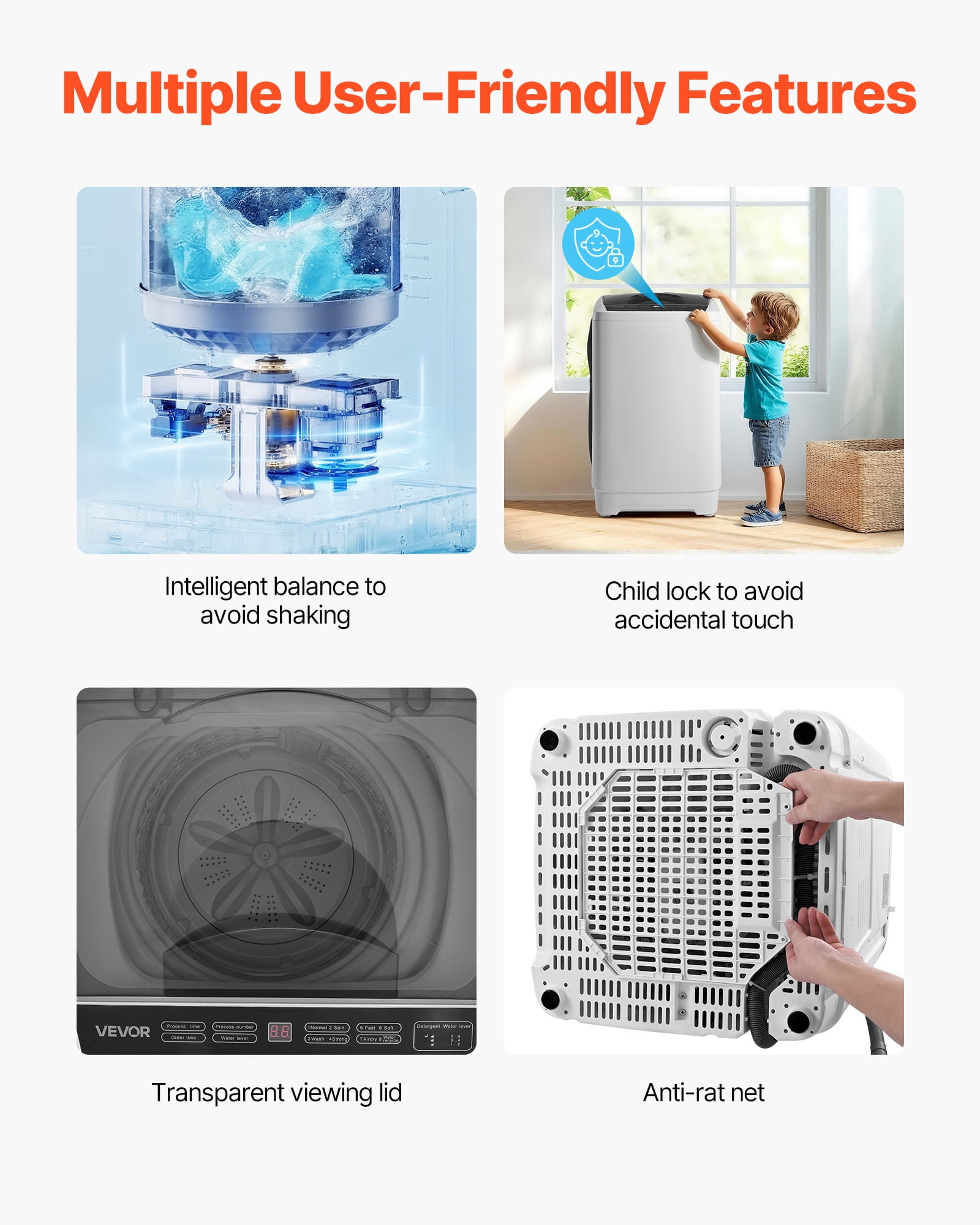 VEVOR Portable Washing Machine, Portable Washing 1.3 Cu.ft with LED Display, Stainless Steel Drum, 8 Wash Programs & 6 Adjustable Water Levels, Portable Washer for Apartments, RVs , and Dorms