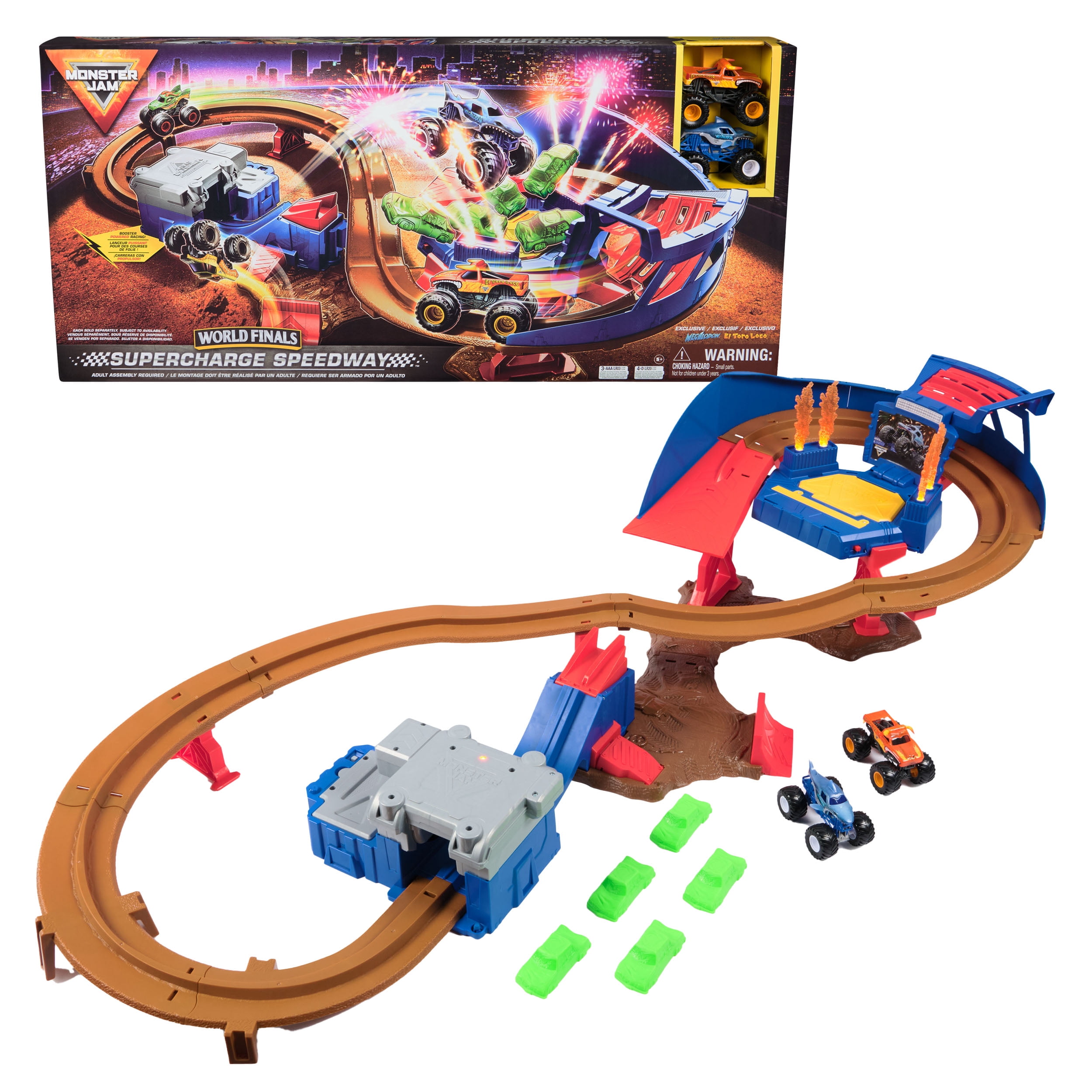 Monster Jam, Coffret Supercharge Speedway avec monster trucks Megalodon et El Toro Loco en métal moulé à l'échelle 1:64 , circuit lumineux Monster Jam World Finals, jouets pour enfants garçons à parti Monster Jam