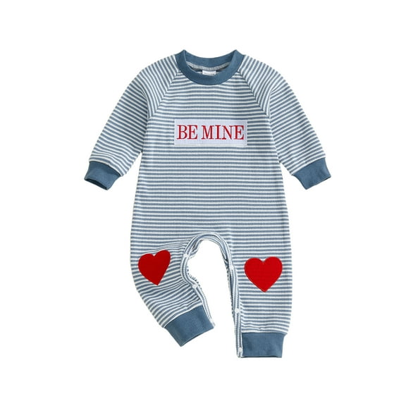 BemeyourBBs Newborn Baby Boy Valentines Day Romper Outfits Waffle Knit Stripe Romper Cute Letters Heart Embroidery Long Sleeve Jumpsuit Spring Clothes