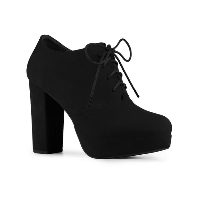 BLISSFUL STEP Bottines pour Femmes en Faux Suède à Talon Épais Plateforme à Lacets Bout Rond Bottes Habillées Noir 7