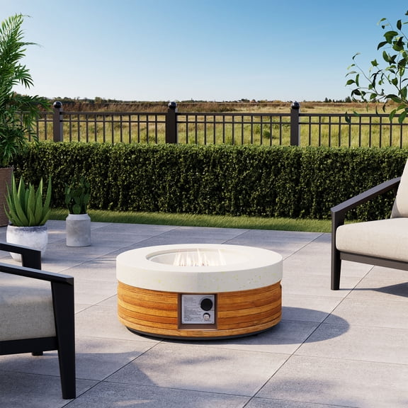 FOROUTIA 28 Inch Round Propane Fire Pit Table, 50000 BTU Outdoor MgO Fire Table White Terrazzo & Natural Wood Grain Finish,with Lava Rocks & Waterproof Cover for Backyard Deck Garden
