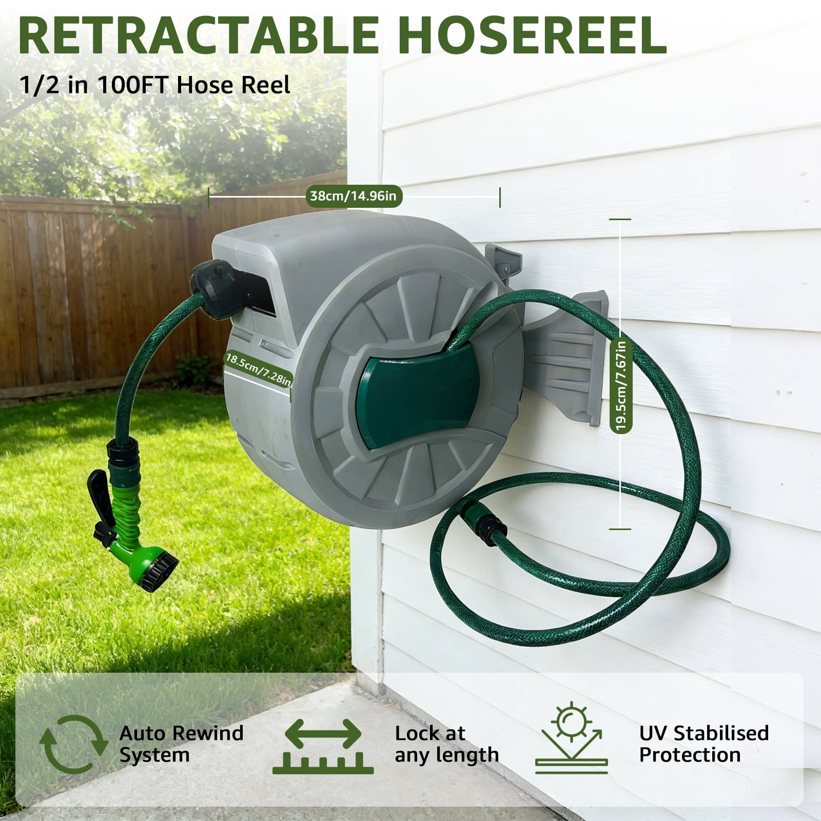 PRIJESS 100 FT Retractable Hose Reel 1/2 in, Wall Mount Garden Water Hose for Car Wash & Pet Bath, Automatic Slow Rewind, Any Length Lock & 180° Swivel, Includes 7-Pattern Nozzle & Hardware