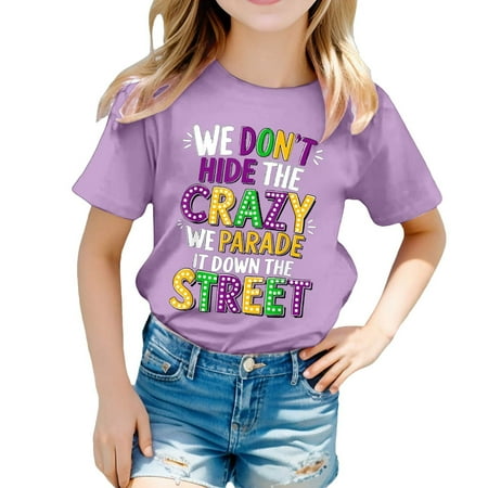 XEGLSBU Girls Shirts 5T Girls Casual Printed Round Neck Short Sleeved Shirt T Shirt Casual Shirt Light Purple Size 8-9 Years