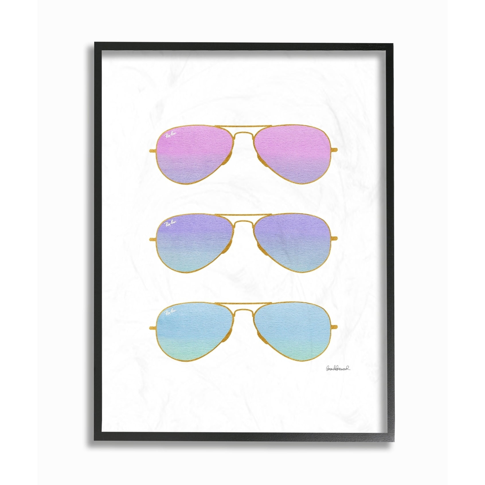 The Stupell Home Decor Collection Pink Purple and Blue Sunset Ombre Aviator Sunglasses Framed Giclee Texturized Art, 11 x 1.5 x 14