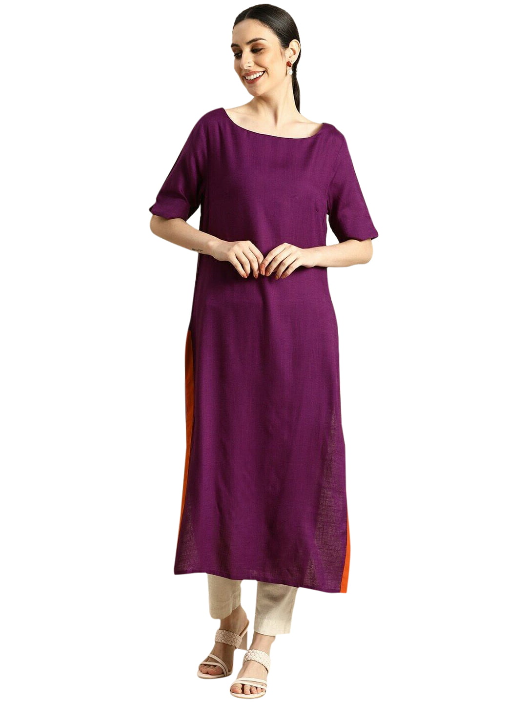 Dark-purple hand woven cotton chikankari-kurtis - Saadgi - 3053356