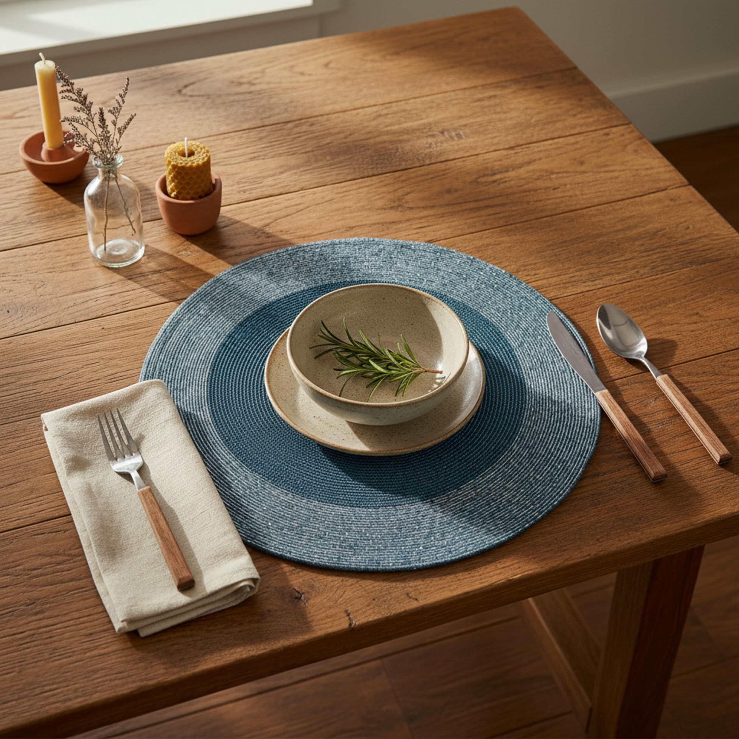 Homebia Designs Farmhouse Beaded Placemats Set of 4-13 Inch Round Handmade Decorative Charger Plates - Elegant Glitz Dinner Table Mats for Dining, Wedding, Kitchen & Party Décor - Sky Blue