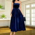 thumbnail image 4 of Stichou Women's Strapless Velvet Evening Gown Off Shoulder Pleated Swing Wedding Bridesmaid Maxi Long Dress Blue L, 4 of 5