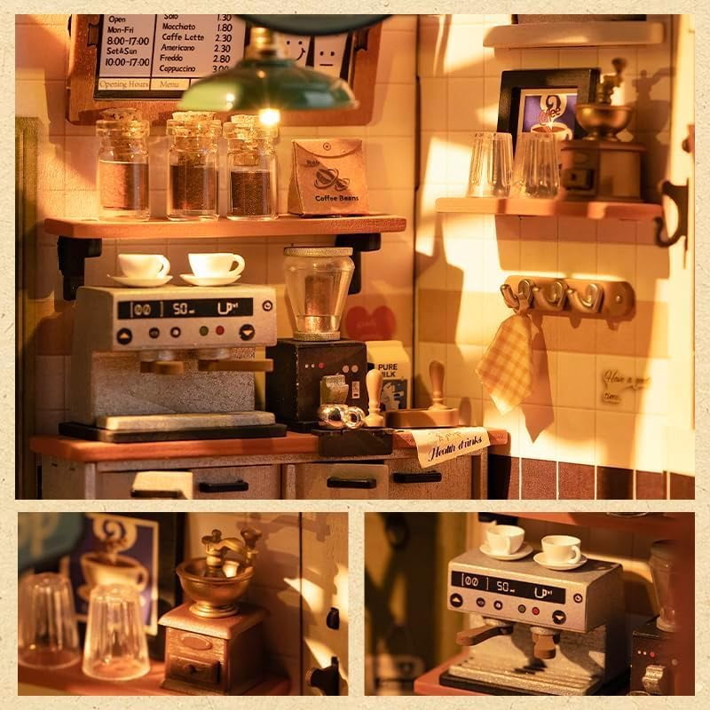ROBOTIME DIY Miniature House Kit-Flavory Coffee Shop,Mini Wooden Dollhouse Model Building Sets for Home Decor,Tiny House Craft Kits Gifts for Teens Adults