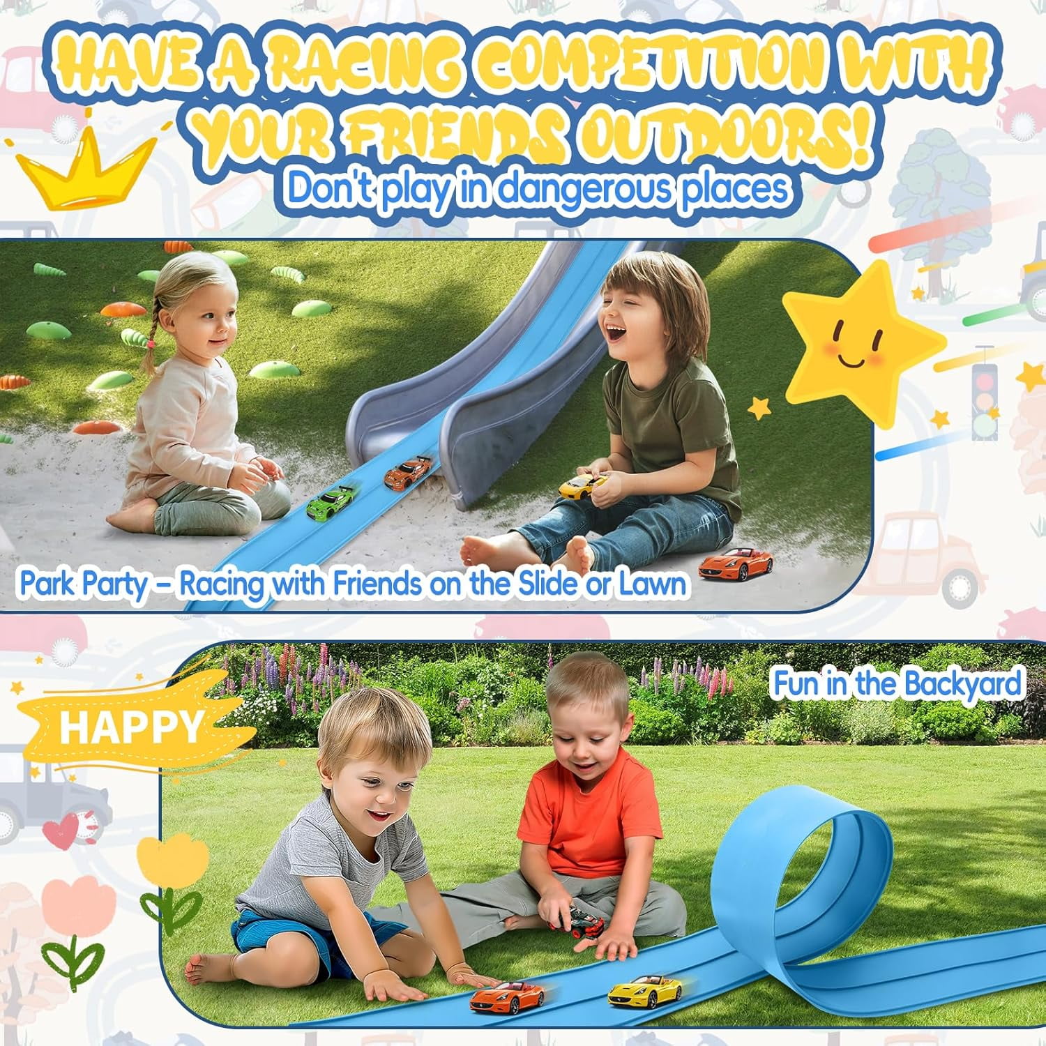 15 Ft Sky Blue Two Lane Flexible Race Car Ramp Track with Suction Cups Compatible with Hot Wheels, Matchbox, Diecast 1/50th Toy Cars Rolls Up Portable Race Track