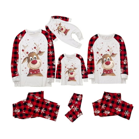 

Matching Family Pajamas Sets Holiday Stay at Home PJ s with Elk Printed Tee and Plaid Printed Pants Loungewear