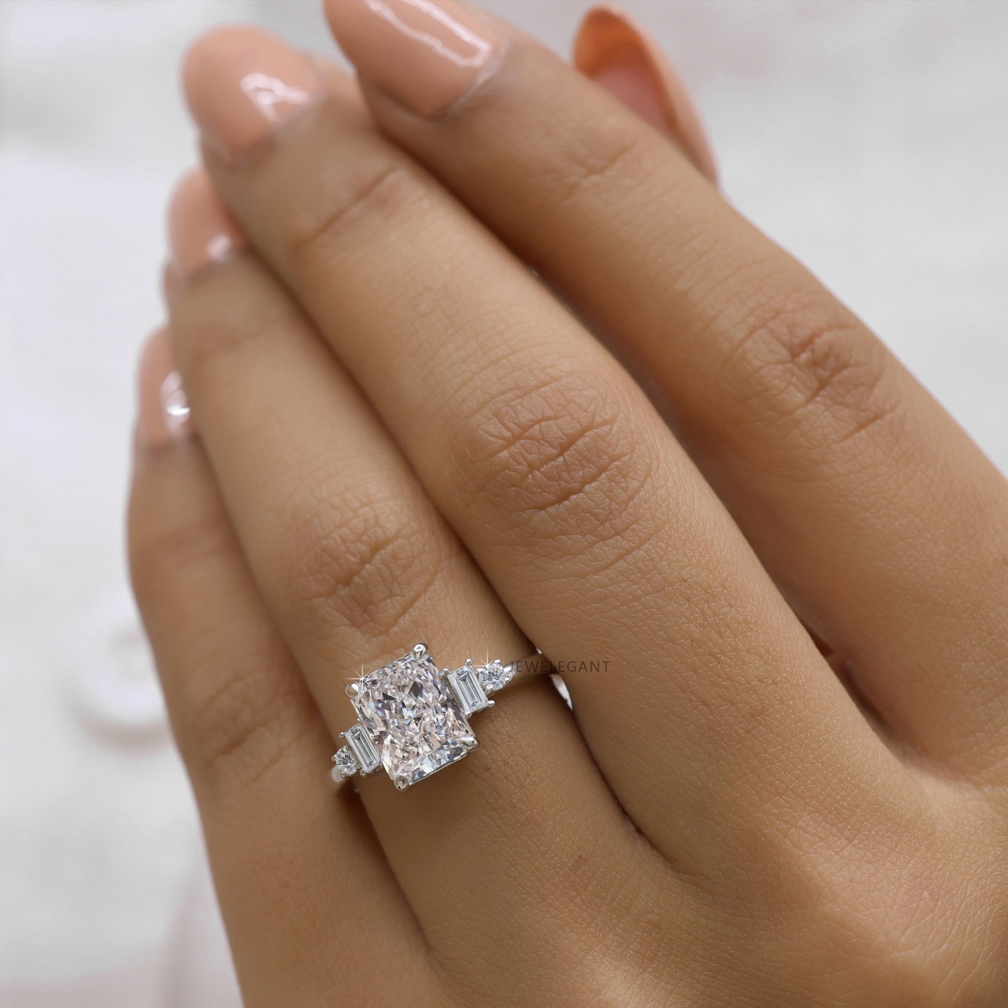JEWELEGANT 2.5 Carat Radiant Cut Moissanite Engagement Ring, Five Stone Diamond Ring for Women