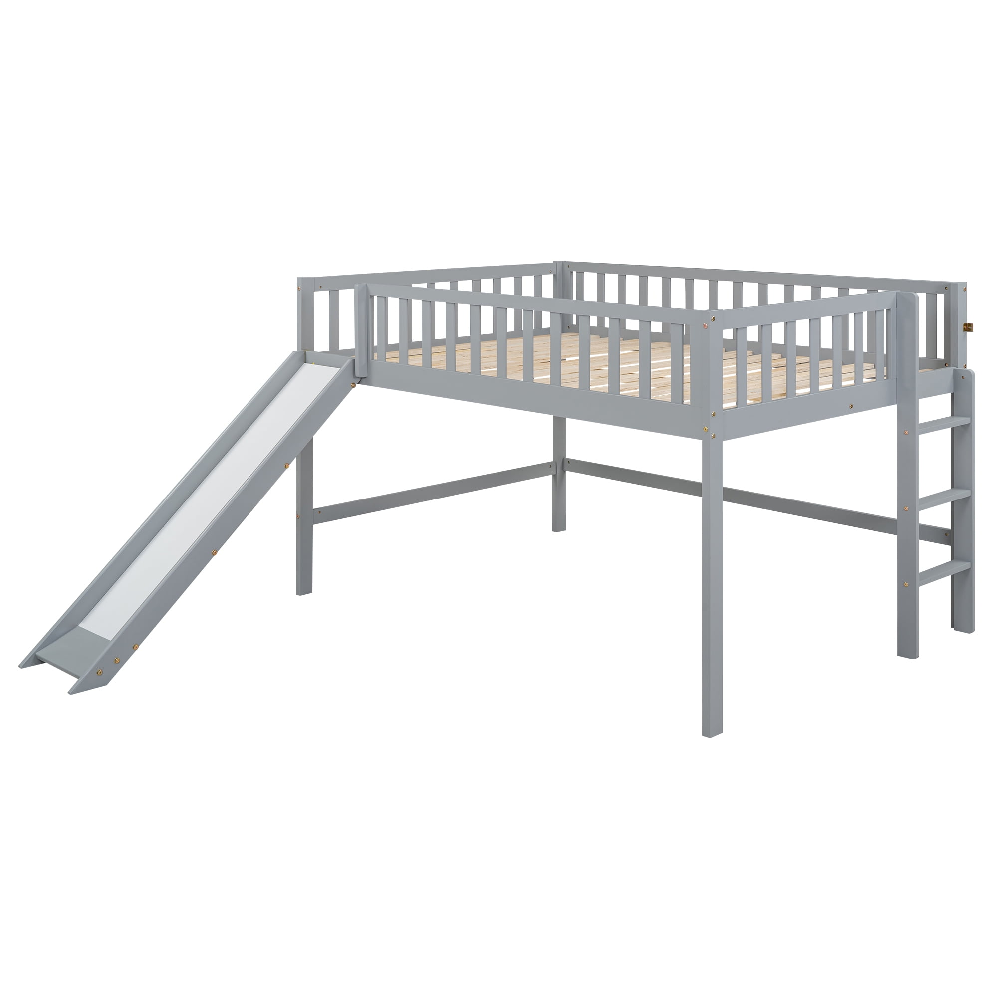 MAYEERTY Full Size Low Loft Bed with Ladder and Slide,Gray