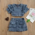 thumbnail image 6 of Rggeeun Toddler Girls Outfit Sets 2 Piece Solid Color Ruffled Short Sleeve Crew Neck Top & Denim Elastic High Waist Shorts & Layered Ruffle Trim Slim Fit For Everyday Use Casual Suit,Blue,5-6 Years, 6 of 6