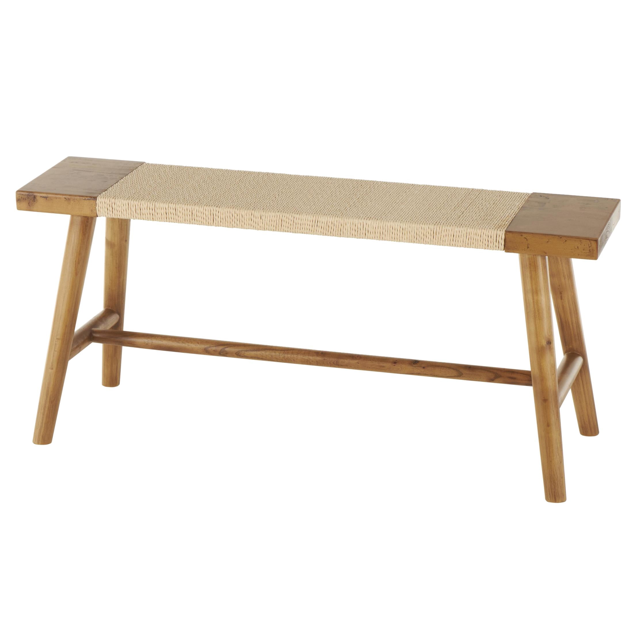 DecMode Wood Handmade Slim Bench with Faux Rattan Wrapped Seat, Brown