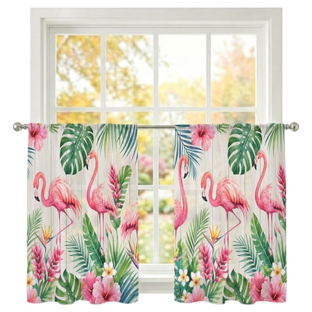 Tropical Pink Flamingos Sheer Curtains 54 Inch Long 2 Panels Summer Rustic Monstera Leaf Flower Wood Grain Light Filtering Rod Pocket Curtains Sheer Voile Drapes for Living Room Bedroom 52 x54
