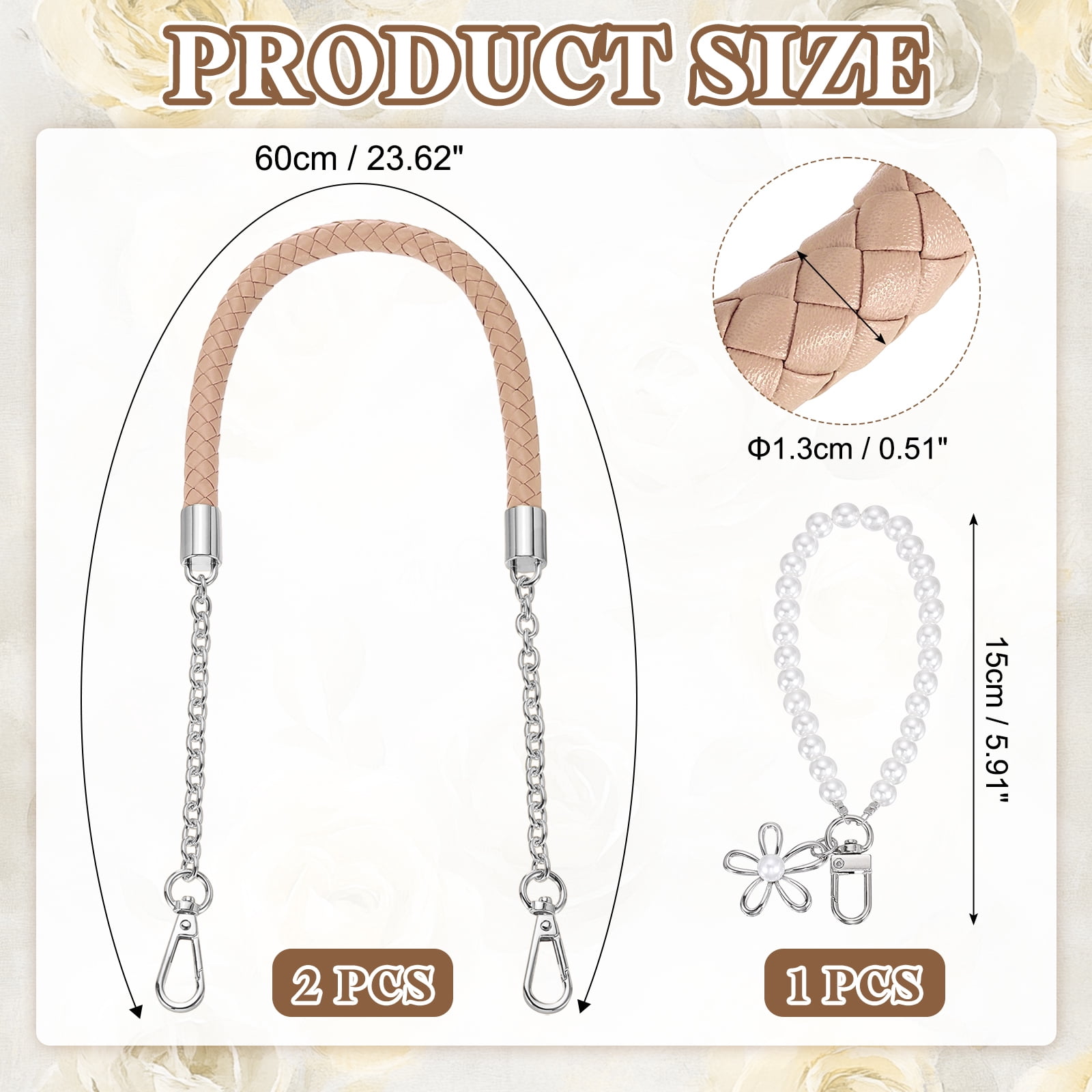 Uxcell 2 Pcs PU Leather Chain Purse Strap, 23.6 Inch Braided Purse Handles Replacement Strap with Pearl Pendant for Tote Bag Handbag Underarm Bag (Pink, Silver Chain)