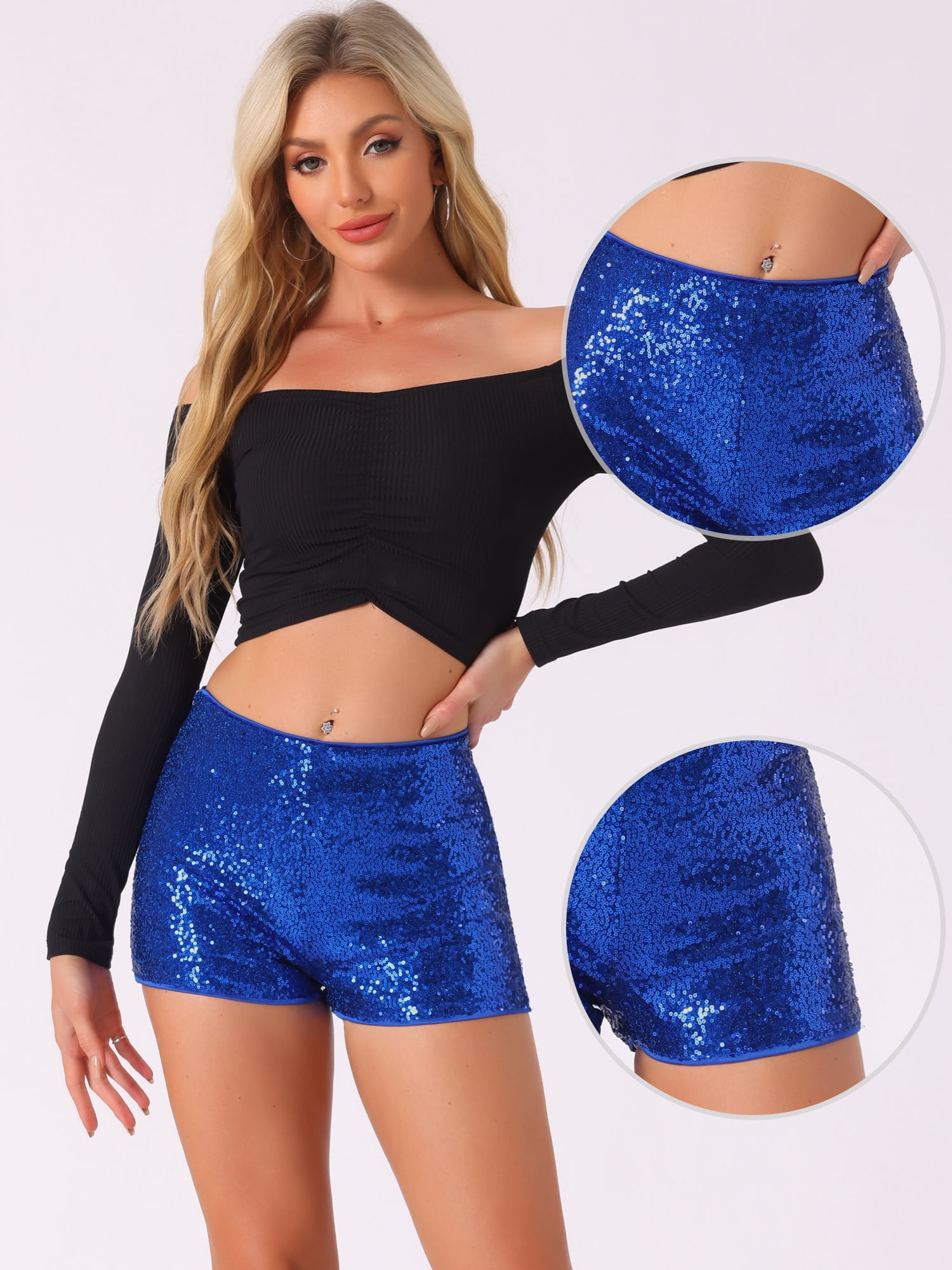 DARING DIVA Women's Midrise Solid Sparkle Coctail Sequin Shorts S Blue
