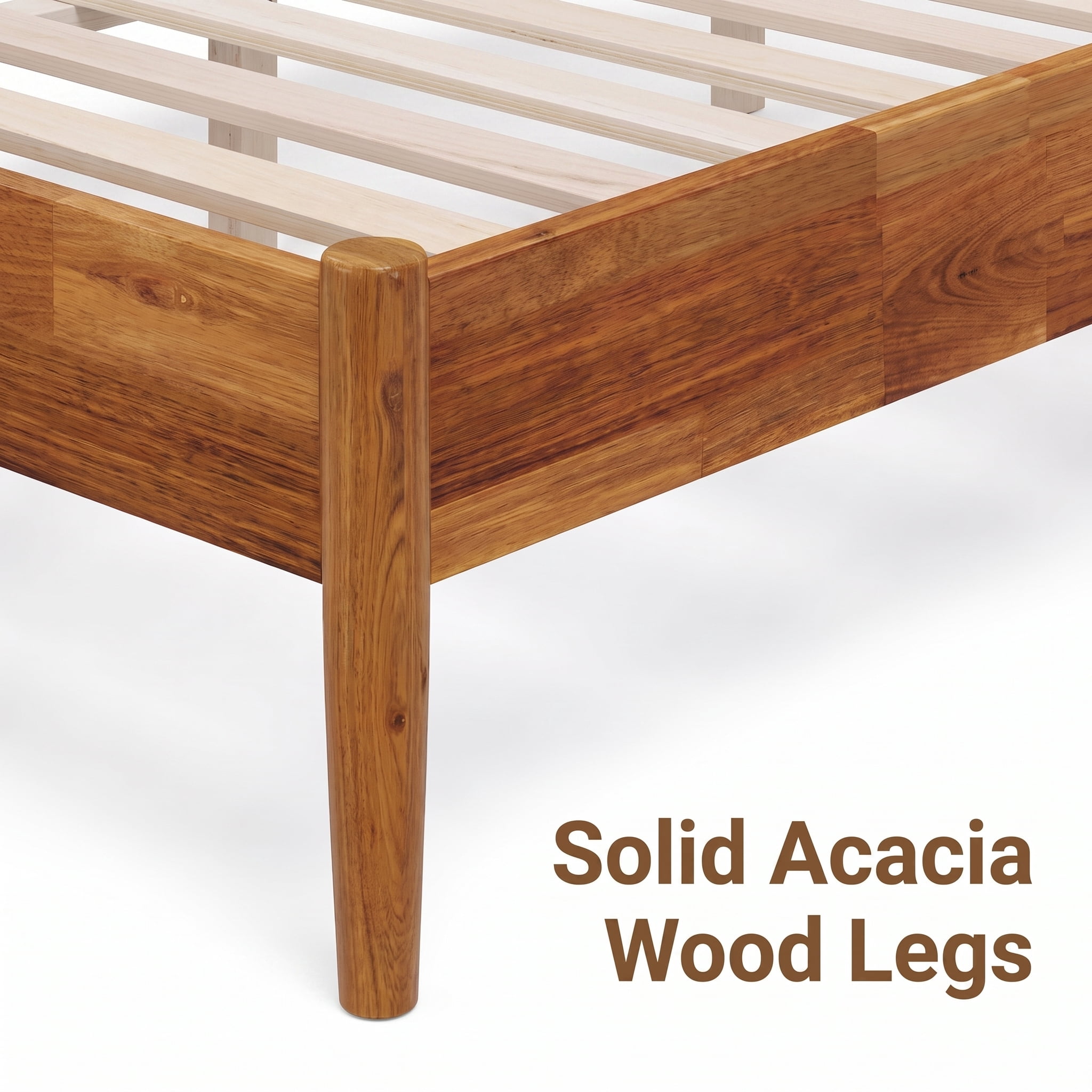 Euroco Solid Acacia Wood King Size Platform Bed, Mid-Century Modern Style Bed with Hand-Woven Vegan Leather Headboard, No Box Spring Needed, Caremel